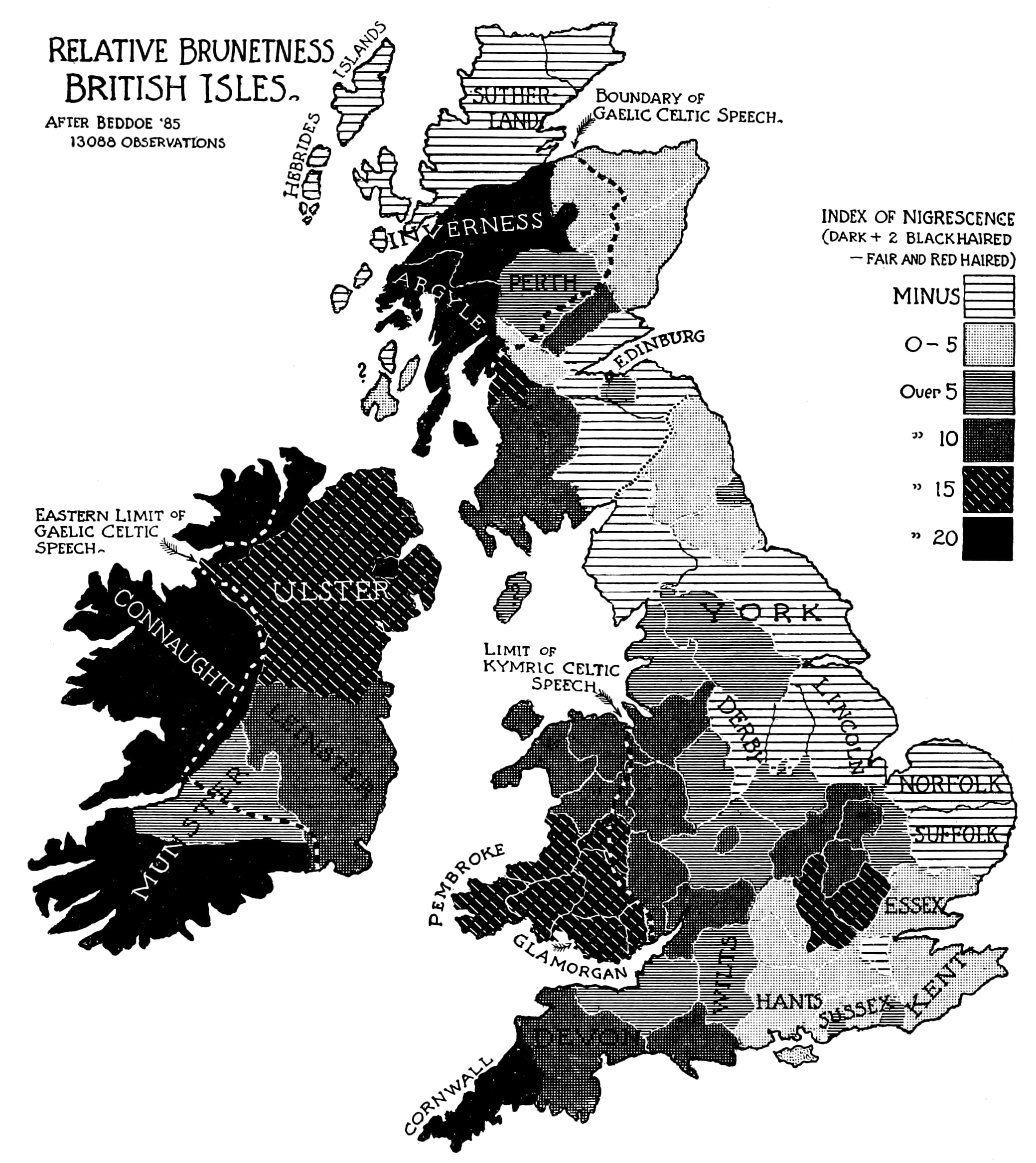 map of relative brunetness in the British Isles